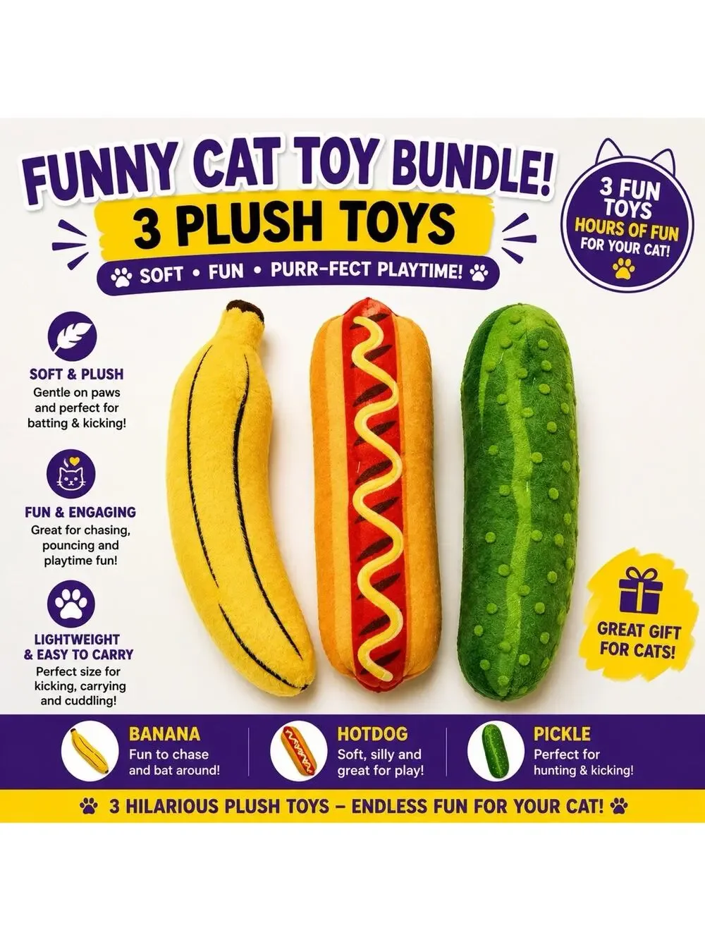 Funny Cat Toy Bundle Pickle Banana Hotdog Plush Toys